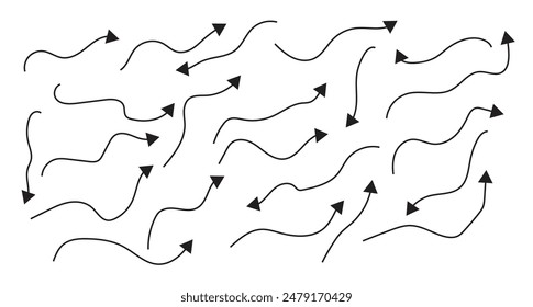 Vector set of drawn arrows. Sketch doodle style. Arrows are curved and straight, with a solid line and dashed lines. Collection of pointers. Isolated on white background.