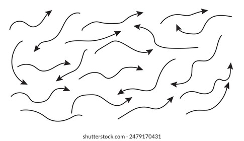 Vector conjunto de flechas dibujadas. Dibujo estilo garabato. Las flechas son curvas y rectas, con una línea sólida y líneas discontinuas. Colección de punteros. Aislado sobre fondo blanco.