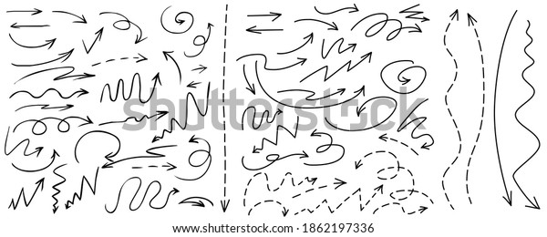 Vector set of\
drawn arrows. Sketch doodle style. Arrows are curved and straight,\
with a solid line and dashed lines. Collection of pointers.\
Isolated on white\
background.