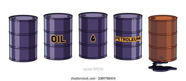 Vector set of drawn crude oil barrels. Four greasy steel drums with a marks 'oil', 'petroleum' and icon of droplet and one damaged rusty barrel with a leak of the black fuel. Puddle of oil