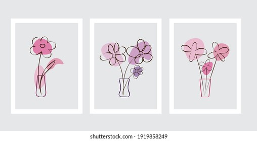 Vector set of drawn flowers. Linear art drawing of flowers and leaves with an abstract shape. Abstract plant art design for print, cover, wallpaper. Minimalism in pink tones on a gray background.
