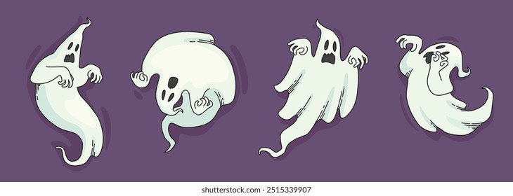 vector set of drawn ghosts in different poses on a purple background