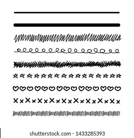 Vector Set of Drawn Lines, Black and White Illustration, Freehand Drawing, Sketches Isolated on White Background.