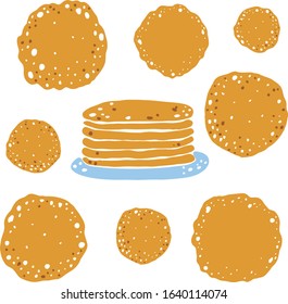 Vector set of drawn pancakes for Shrovetide celebration. Hand-drawn treat for the spring holiday. Pancakes in a plate. Suitable for the design of posters, cards, design.