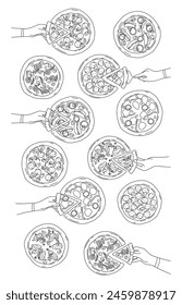 vector set of drawn pizzas with different toppings with the image of a hand holding a piece of pizza