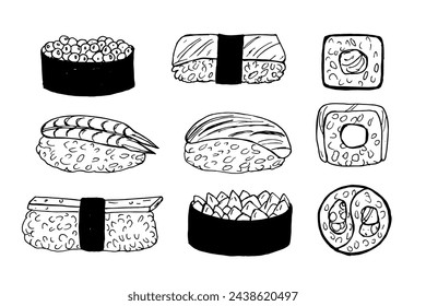 Vector conjunto de rollos dibujados, sushi, sake, Gunkan maki. Doodle imagen de comida japonesa, aperitivo con anguila, atún, arroz y nori. Bosquejo en blanco y negro de plato del restaurante.