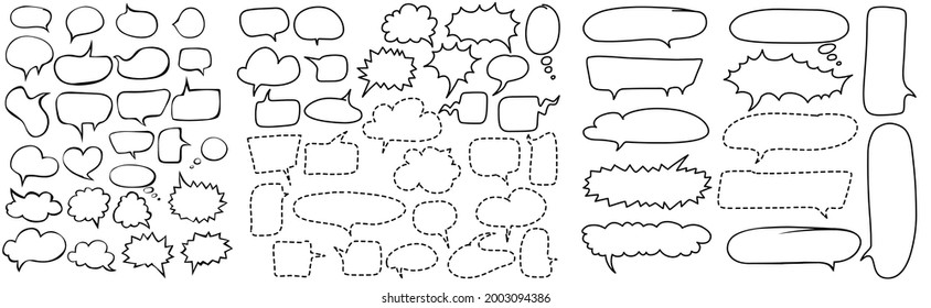 Conjunto de vectores de burbujas de voz dibujadas. Esbozar el estilo del doodle. Las nubes de voz se dibujan con una línea sólida y una línea discontinua y tienen formas diferentes. Aislado sobre un fondo blanco.