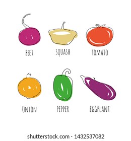 Vector set of drawn vegetables. Onion, beet, eggplant, pepper, squash, tomato