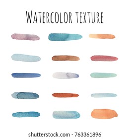Vector set drawn watercolor. Isolated shapes background. Painted ornament. Set of color brushes.
