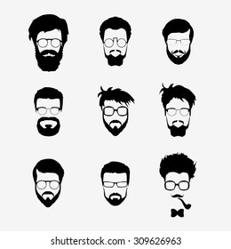 Vector set dress up constructor. Different men faces hipster geek style haircut, glasses, beard, mustache, bowtie, pipe. Silhouette icon creation kit. Design flat avatar for social media or web site