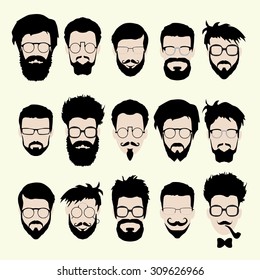 Vector set dress up constructor. Different men faces hipster geek style haircut, glasses, beard, mustache, bowtie, pipe. Silhouette icon creation kit. Design flat avatar for social media or web site