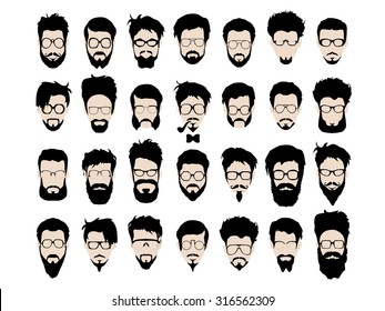 Vector Set Dress Up Constructor. Different Men Faces Hipster Geek Style Haircut, Glasses, Beard, Mustache, Bowtie, Pipe. Silhouette Icon Creation Kit. Design Flat Avatar For Social Media Or Web Site