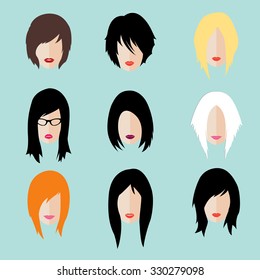 Vector set dress up constructor. Different woman flat faces hipster style haircut, glasses and lips. Silhouette icon creation kit. Design flat avatar for social media or web site
