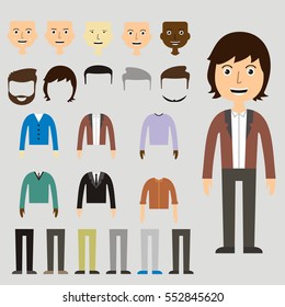 Vector set of dress up constructor with different men in trendy flat style. Flat man faces icon creator