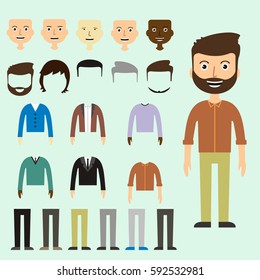 Vector set of dress up constructor with different men in trendy flat style. Flat man faces icon creator