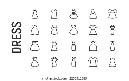 Vector set of dress thin line icons. Design of 20 stroke pictograms. Signs of dress isolated on a white background.
