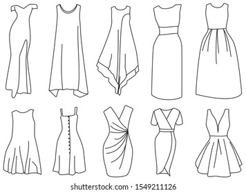 Vector set of dresses. Long and short dresses.Isolated on white background