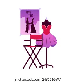 Vector set of dressing room essentials: elegant dress on a mannequin, loft chair and teaser poster. Ideal for illustrations of theater and cinema interiors. Flat style. Isolated background.