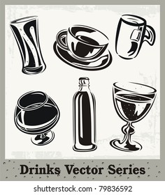 Vector set of drink and beverage illustrations in black and white.