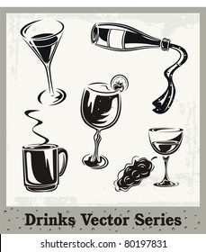 Vector set of drink and beverage illustrations in black and white.
