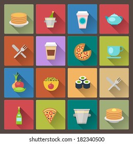 vector set of drink and food icons in flat design style