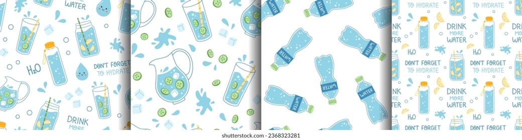 Vector set of drink more water seamless patterns. Trendy collection of backgrounds with water prints with glass, jar, jug and bottle of water with cucumber and lemon. Dont forget to hydrate.