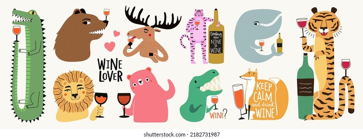 Vector set with drinking animals and bottles wineglasses with red wine. Bundle collection with bears, tigers, lion, moose, whale, dinosaur, fox. Funny sticker pack template, apparel prints