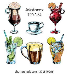 Vector set of  drinks: beer, mulled wine, mojito, long island, latte, espresso coffee. Hand drawn illustration in ink, sketch style.