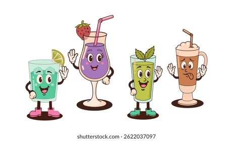 Vector set of drinks with expressive faces and hand gestures. Includes lime cocktail, berry smoothie, mint drink, and milkshake on white background.

