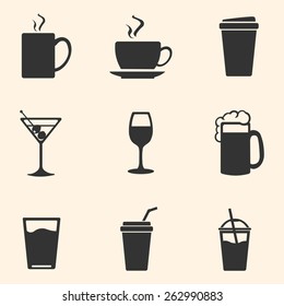 Vector Set of Drinks Icons. Tea, Coffee, Alcohol, Martini, Wine, Beer, Mineral Water, Fizzy Water, Smoothie, Cocktail.