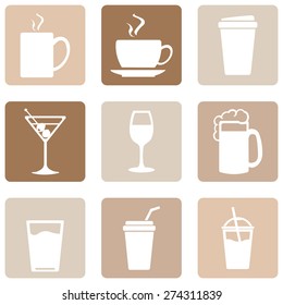 Vector Set of Drinks Icons. Tea, Coffee, Alcohol, Martini, Wine, Beer, Mineral Water, Fizzy Water, Smoothie, Cocktail.