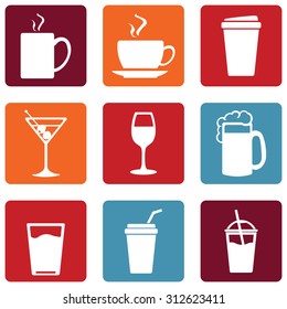 Vector Set of Drinks Icons. Tea, Coffee, Alcohol, Martini, Wine, Beer, Mineral Water, Fizzy Water, Smoothie, Cocktail.
