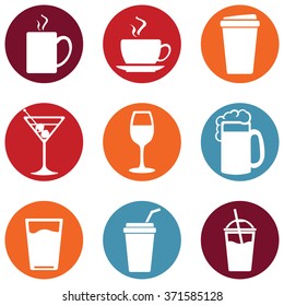 Vector Set Of Drinks Icons. Tea, Coffee, Alcohol, Martini, Wine, Beer, Mineral Water, Fizzy Water, Smoothie, Cocktail.