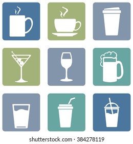 Vector Set of Drinks Icons. Tea, Coffee, Alcohol, Martini, Wine, Beer, Mineral Water, Fizzy Water, Smoothie, Cocktail.