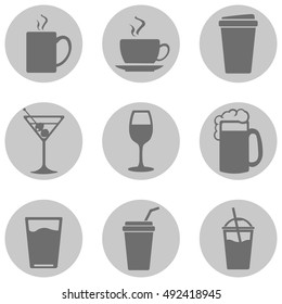Vector Set of Drinks Icons. Tea, Coffee, Alcohol, Martini, Wine, Beer, Mineral Water, Fizzy Water, Smoothie, Cocktail.