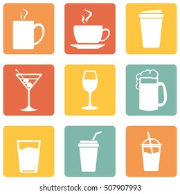 Vector Set of Drinks Icons. Tea, Coffee, Alcohol, Martini, Wine, Beer, Mineral Water, Fizzy Water, Smoothie, Cocktail.