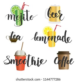 Vector set of drinks: mojito, beer, lemonade, tea, smothie and coffee.  Lettering text. Isolated on white.