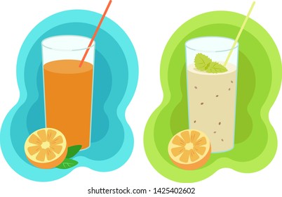 Vector set of drinks orange juice and smoothies. Healthy food, health, natural products, vegetarianism. Breakfast, snack
