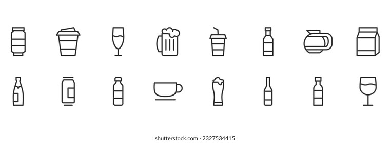 Vector set of drinks thin line icons. Design of stroke pictograms. Signs of calendar isolated on a white background