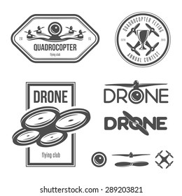 Vector set of drone flying club labels, badges and design elements.