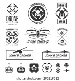 Vector set of drone flying club labels, badges and design elements.