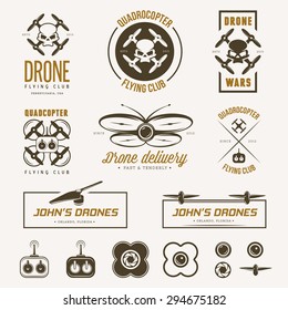 Vector set of drone flying club labels, badges and design elements.