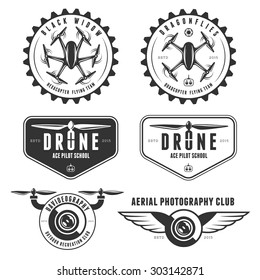 Vector set of drone flying club labels, badges and design elements.