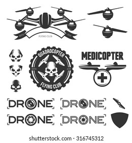 Vector set of drone flying club labels, badges and design elements.