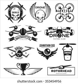 Vector set of drone flying club labels, badges and design elements.