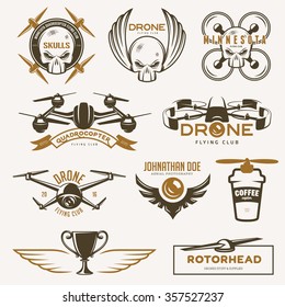 Vector set of drone flying club labels, badges and design elements.