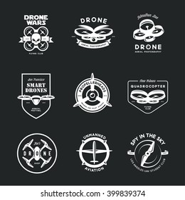 Vector set of drone flying club labels, badges and design elements. Smart drone festival emblem. Drone shop advertising. Monochrome silhouettes of drones and drone blades. Vintage illustration.