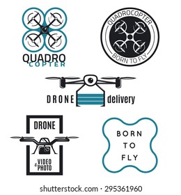Vector set of drone labels, badges and design elements. Quadrocopter flying camera, flight clubs and delivery.