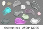 Vector set of drops and smears of cosmetic products of different shapes, colors and consistencies. Cream, gel, lotion or shampoo, with and without air bubbles. Isolated gray transparent background.