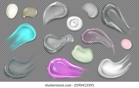 Vector set of drops and smears of cosmetic products of different shapes, colors and consistencies. Cream, gel, lotion or shampoo, with and without air bubbles. Isolated gray transparent background.